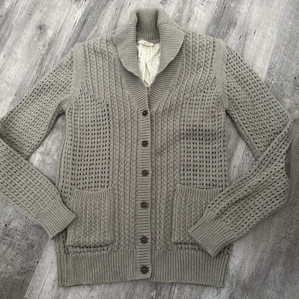 Barbour Cardigan Sweater Womens Sz 10 Taupe 100% Cotton Shawl Collar Button Up